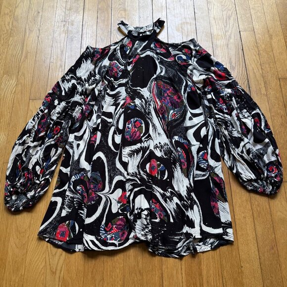 Free People Size M Halter Black Abstract Driftaway Cold Shoulder Tunic Top Dress - Picture 15 of 15